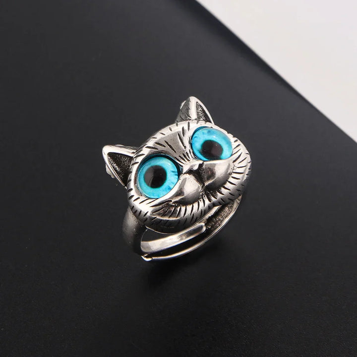 Anillo Con Gato De Ojos Azules – Anillo Vintage Juguetón En Plata Para Los Amantes De Los Gatos