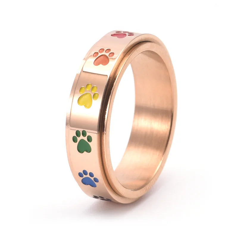 Anillo Giratorio Antiestrés Con Huellas Arcoíris En Acero Inoxidable
