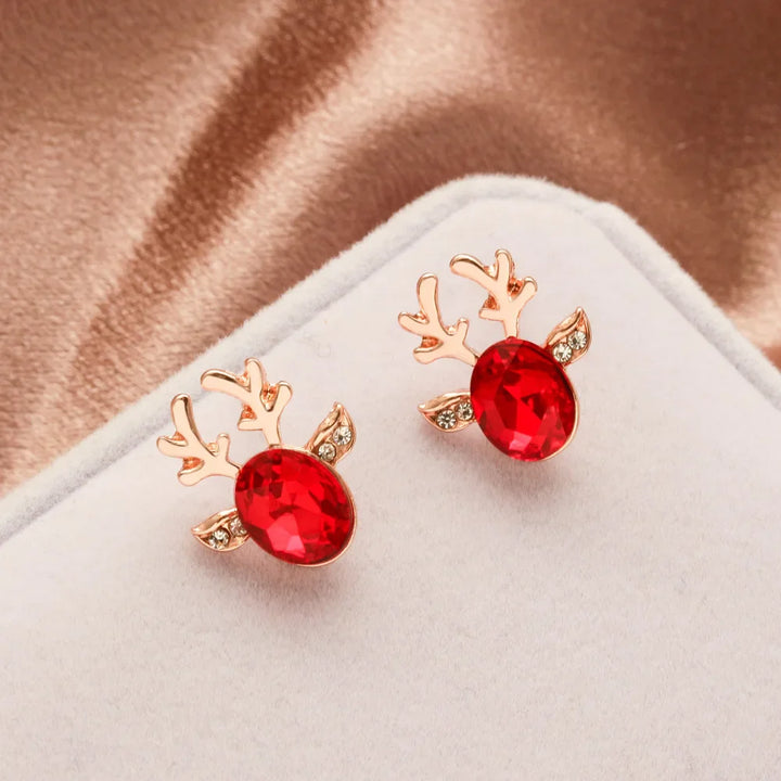 Pendientes de Botón de Cristal con Reno Navideño