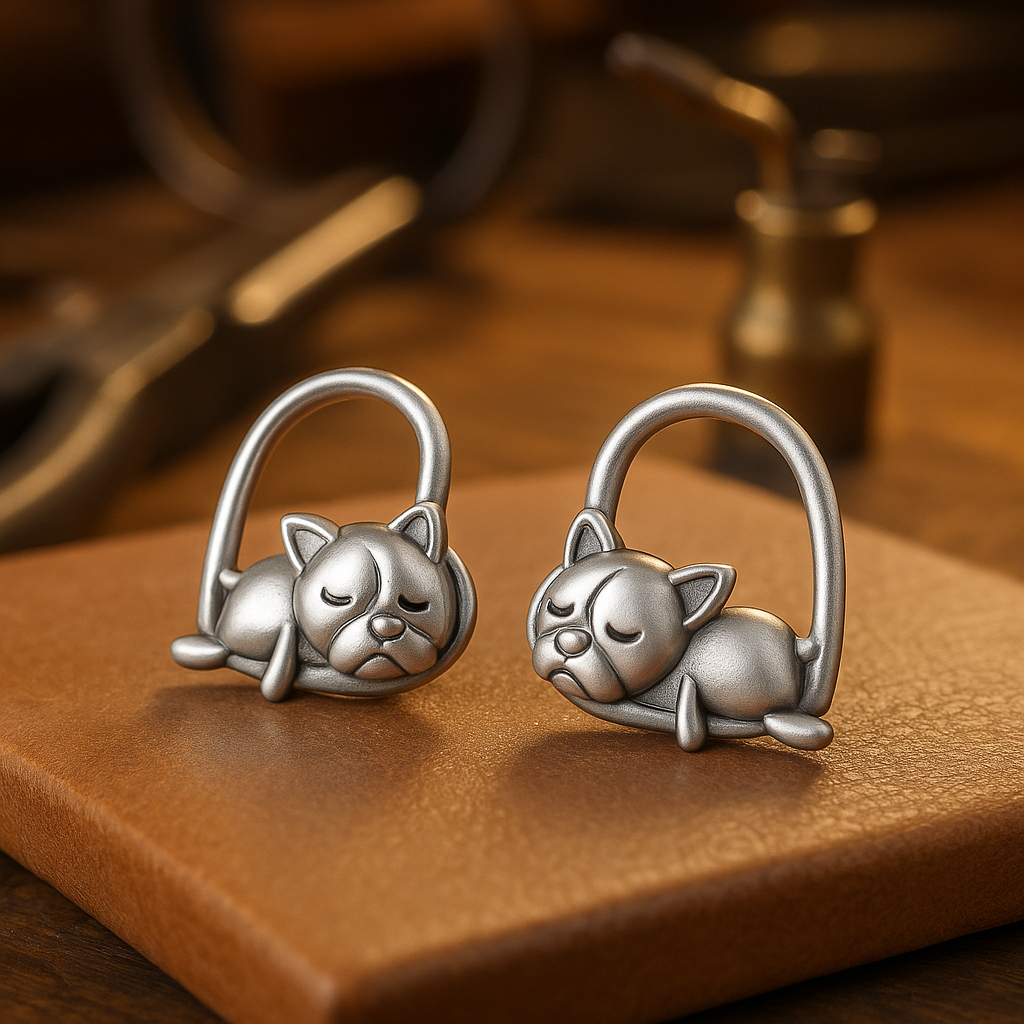 Pendientes de Botón con Cachorro Dormido en Plata de Ley 925