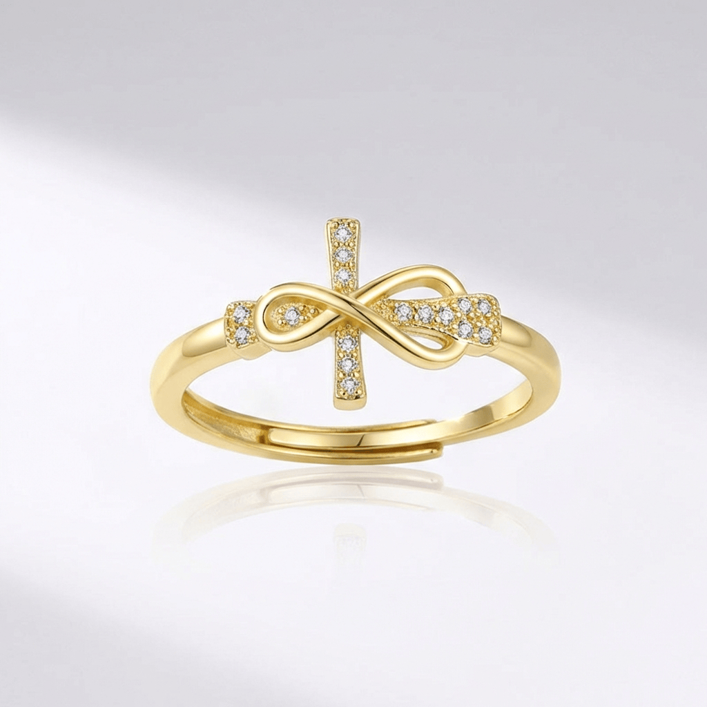 ANILLO DE PLATA CON CRUZ Y LAZO - (AJUSTABLE)