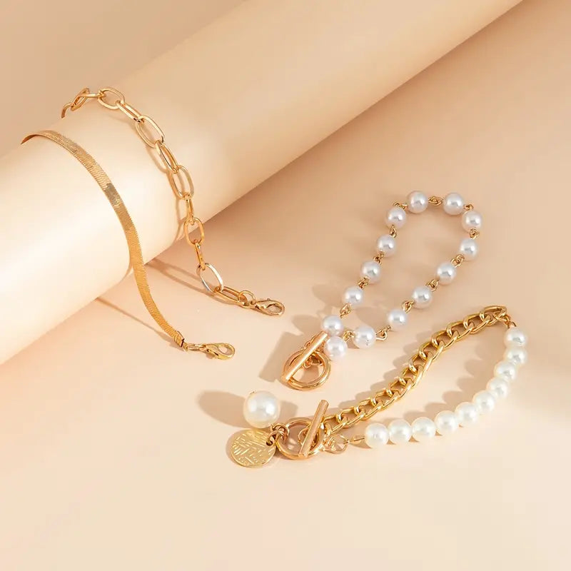 Conjunto 4 Pulseras – Serpiente, Perlas & Eslabones | Oro