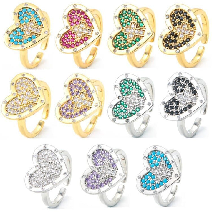 ANILLO DE PLATA CON CORAZÓN Y CRUZ COLORIDO - (AJUSTABLE)