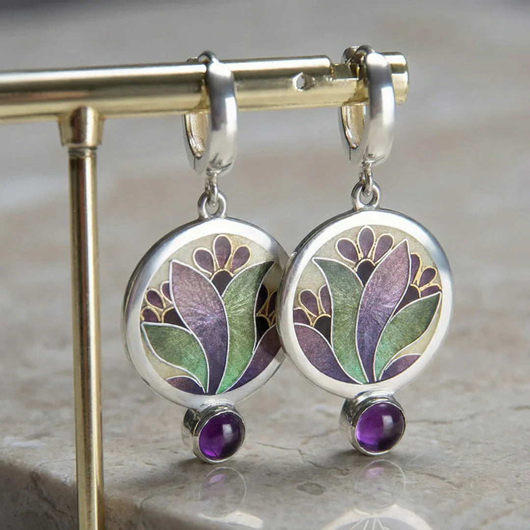 Pendientes boho con cristales morados en plata de ley