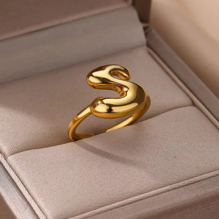 Anillo de Oro con Letra Personalizada en Burbuja (Ajustable)