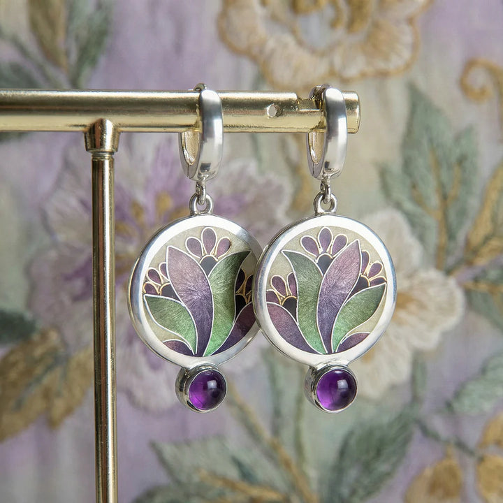 Pendientes boho con cristales morados en plata de ley