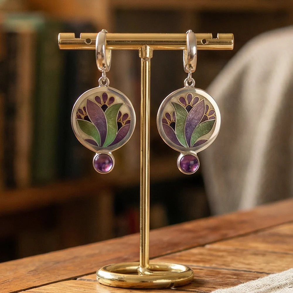 Pendientes boho con cristales morados en plata de ley