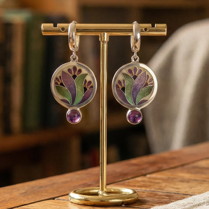 Pendientes boho con cristales morados en plata de ley
