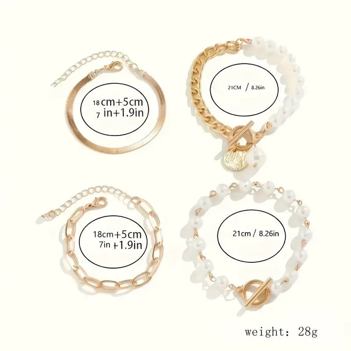 Conjunto 4 Pulseras – Serpiente, Perlas & Eslabones | Oro