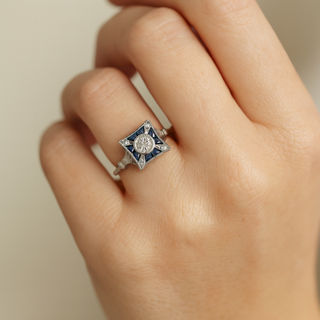 Anillo Vintage Cuadrado con Circonita Azul
