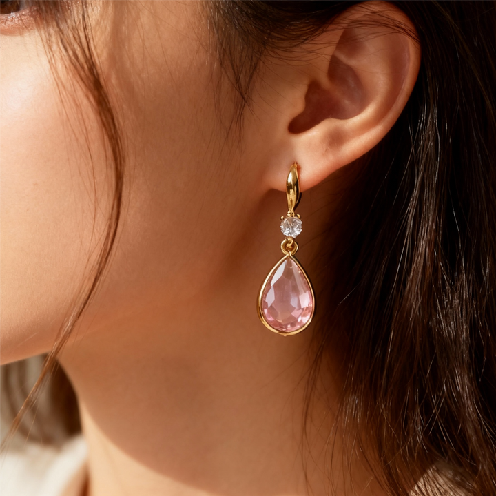 Pendientes vintage con cristal rosa en forma de gota