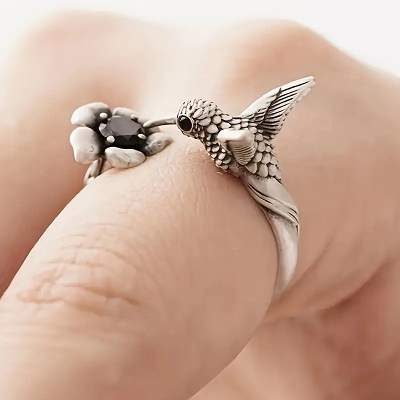 Anillo Colibrí y Flor (Ajustable)