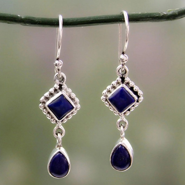 Pendientes en Plata con Piedra Azul y Cristal