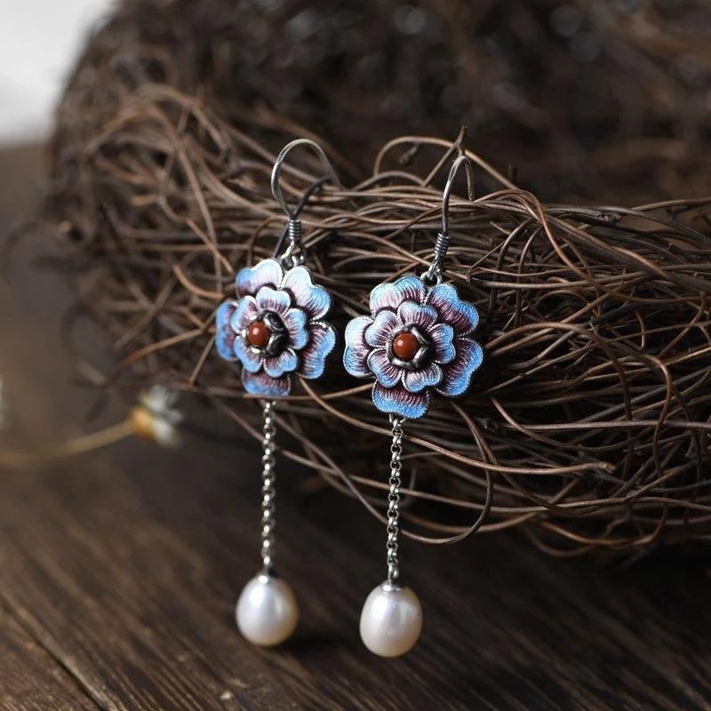 Pendientes Vintage Flor Azul con Perlas