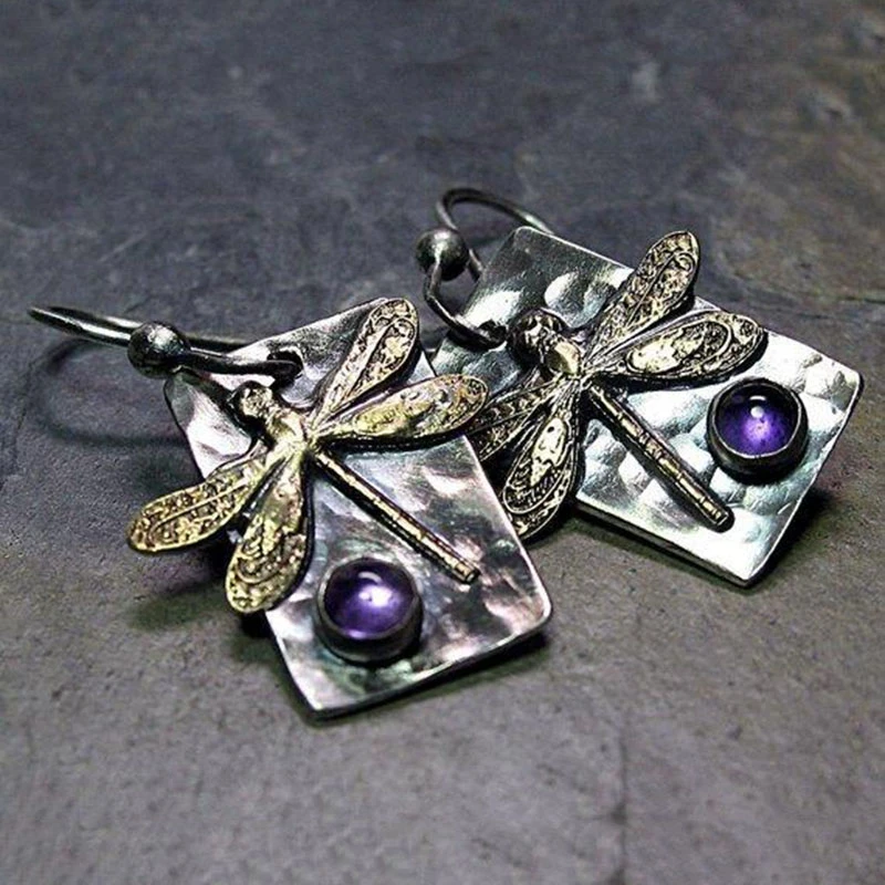 Pendientes vintage de libélula con cristales morados