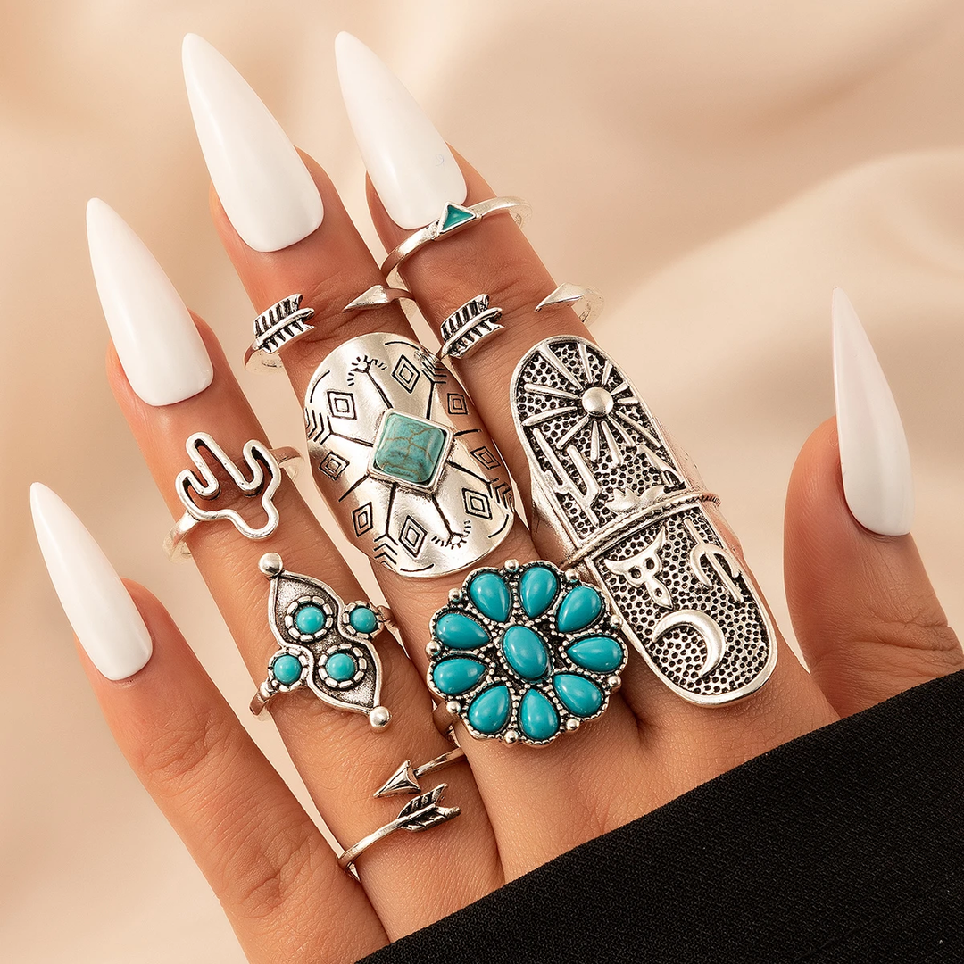 Conjunto de anillos vintage en plata y turquesa (Ajustable)