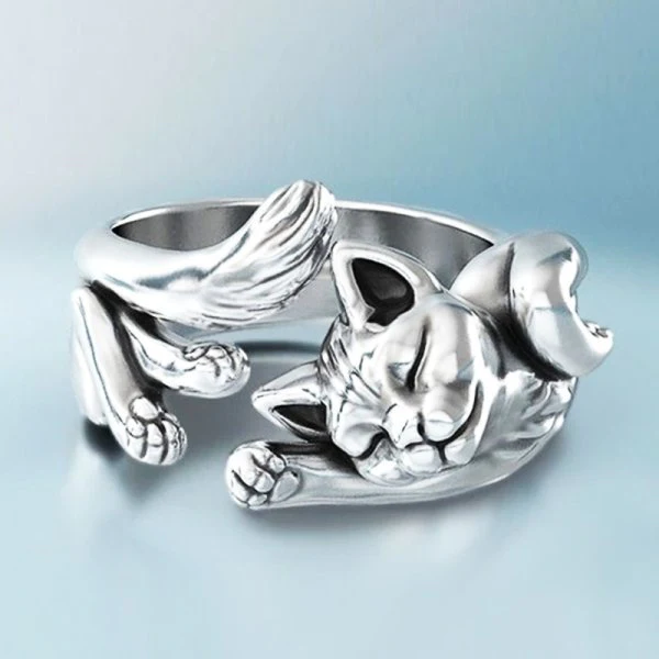Anillo vintage ajustable con gatito en plata