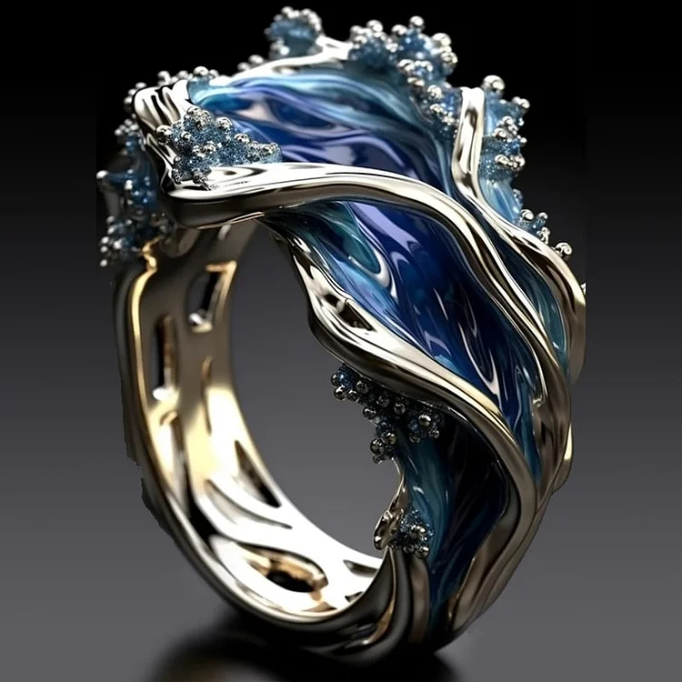 Anillo vintage dorado con ola del océano