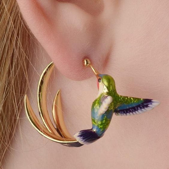 Pendientes de aro vintage con colibrí esmaltado