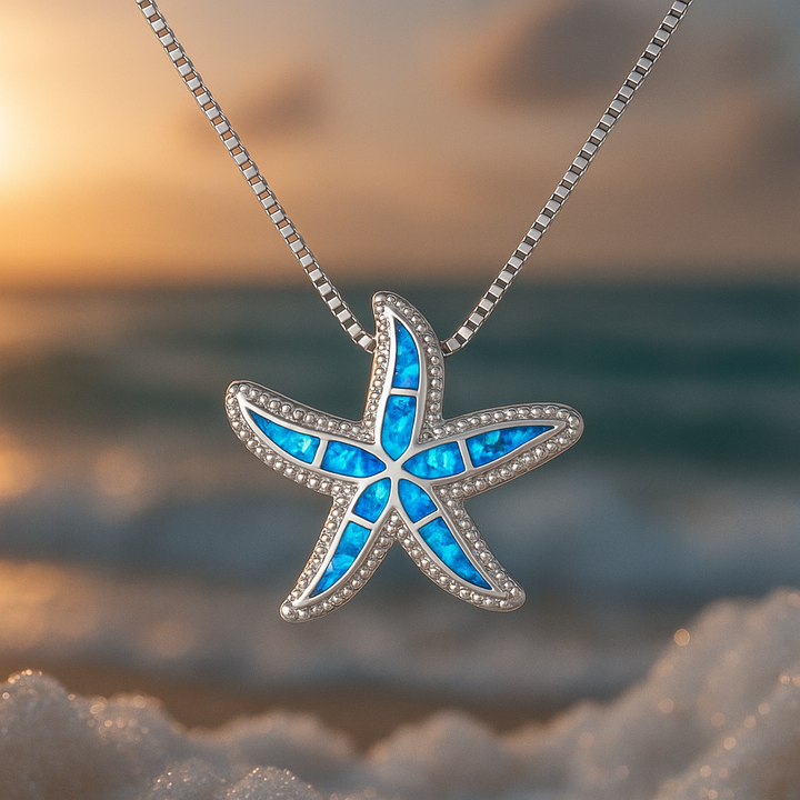 Collar Plateado Con Estrella De Mar Azul Brillante Y Ópalo
