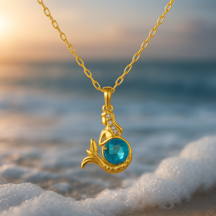 Collar Dorado De Sirena Con Cristal Azul