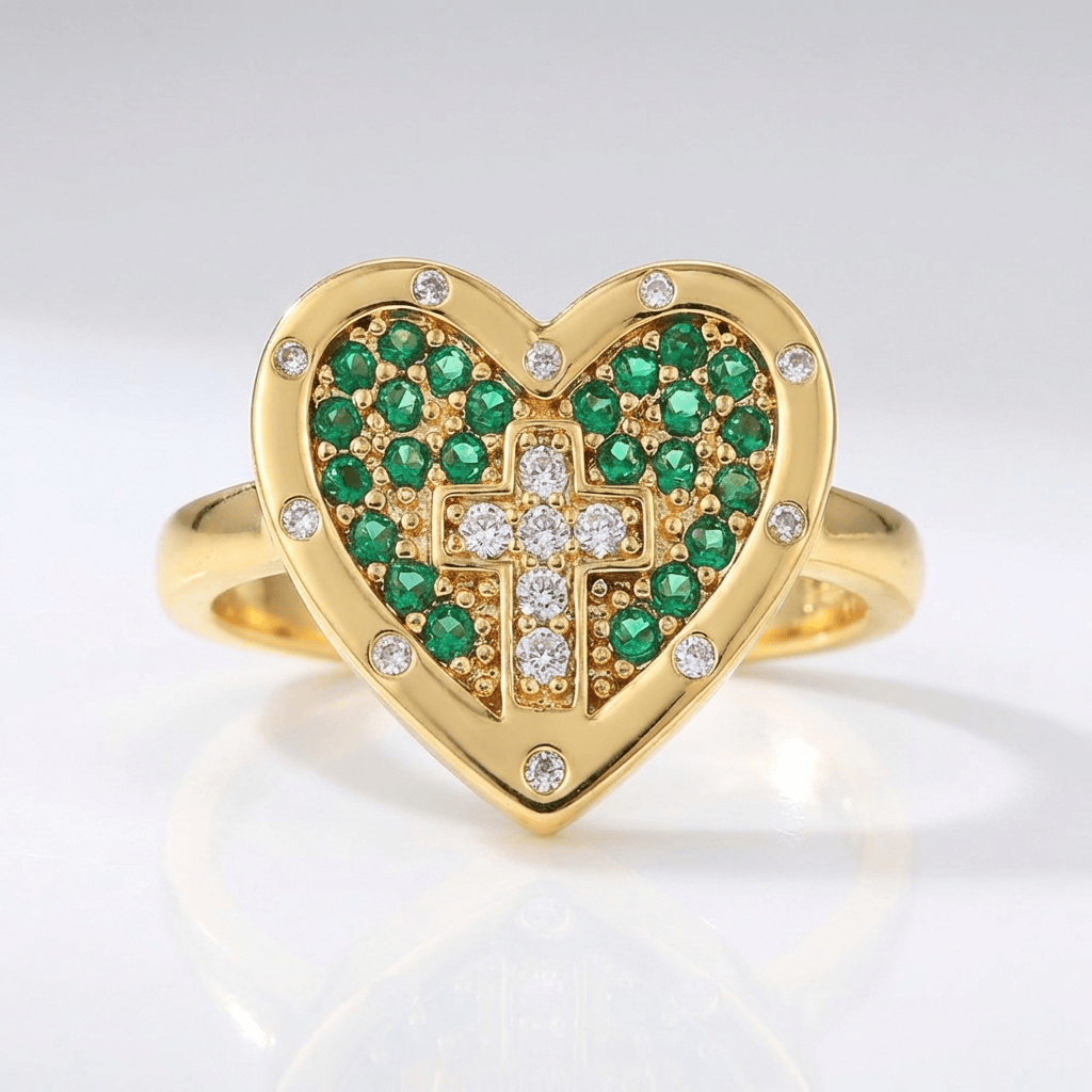 ANILLO DE PLATA CON CORAZÓN Y CRUZ COLORIDO - (AJUSTABLE)