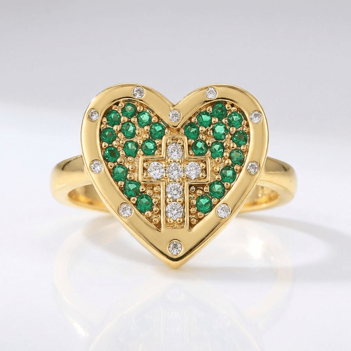ANILLO DE PLATA CON CORAZÓN Y CRUZ COLORIDO - (AJUSTABLE)