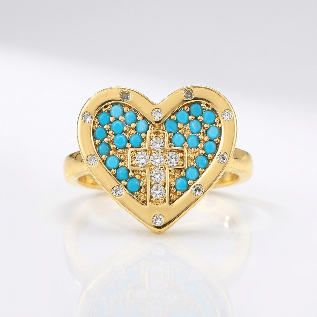 ANILLO DE PLATA CON CORAZÓN Y CRUZ COLORIDO - (AJUSTABLE)
