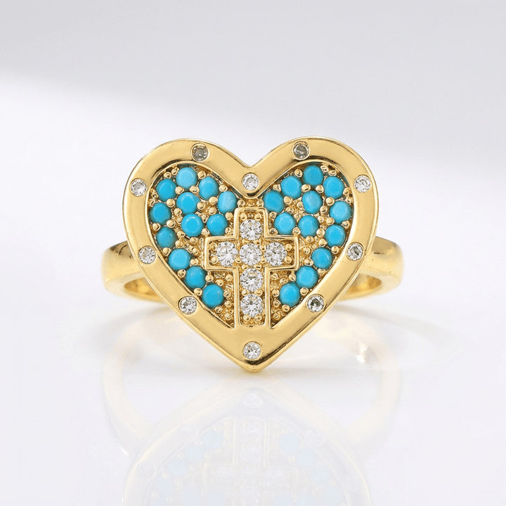 ANILLO DE PLATA CON CORAZÓN Y CRUZ COLORIDO - (AJUSTABLE)