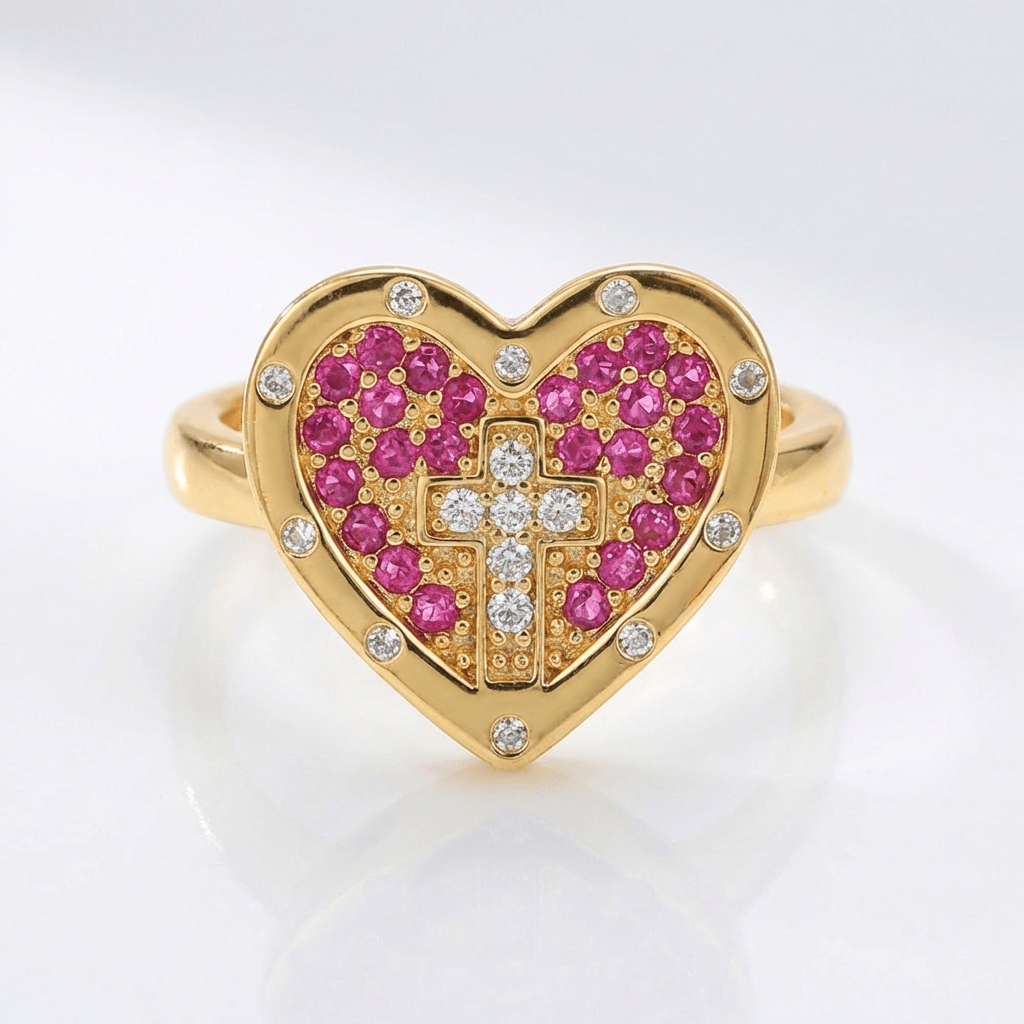 ANILLO DE PLATA CON CORAZÓN Y CRUZ COLORIDO - (AJUSTABLE)