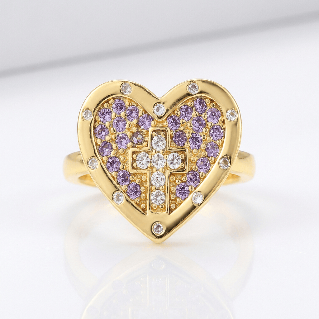 ANILLO DE PLATA CON CORAZÓN Y CRUZ COLORIDO - (AJUSTABLE)