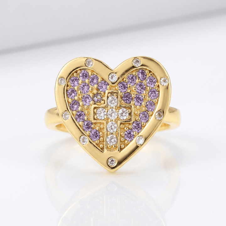 ANILLO DE PLATA CON CORAZÓN Y CRUZ COLORIDO - (AJUSTABLE)
