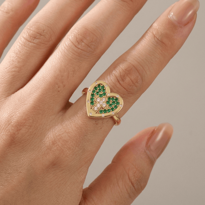 ANILLO DE PLATA CON CORAZÓN Y CRUZ COLORIDO - (AJUSTABLE)