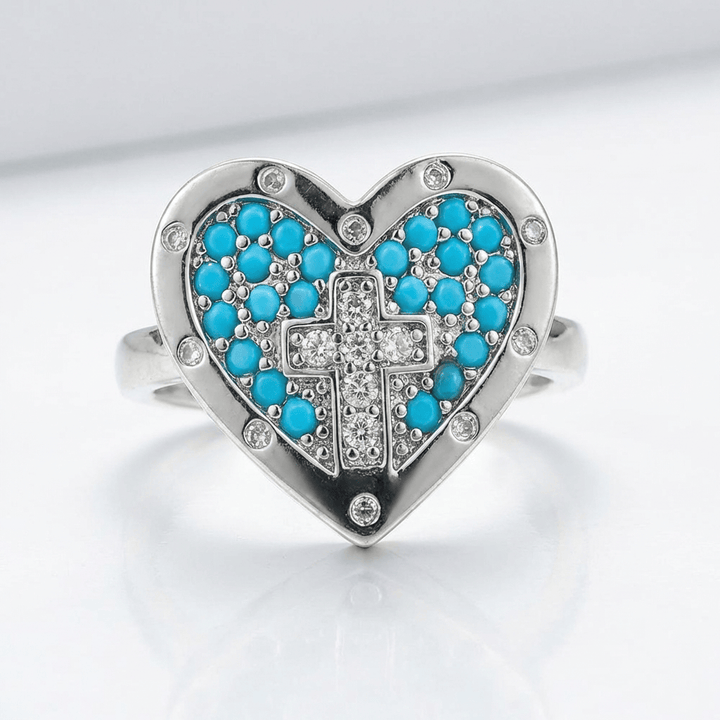 ANILLO DE PLATA CON CORAZÓN Y CRUZ COLORIDO - (AJUSTABLE)