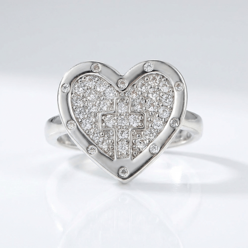 ANILLO DE PLATA CON CORAZÓN Y CRUZ COLORIDO - (AJUSTABLE)