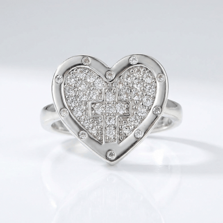 ANILLO DE PLATA CON CORAZÓN Y CRUZ COLORIDO - (AJUSTABLE)