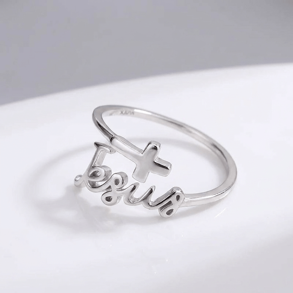 ANILLO DE JESÚS Y FE EN PLATA - (AJUSTABLE)