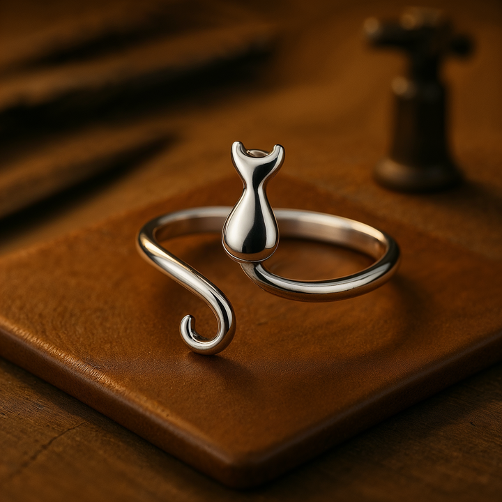 Anillo Adorable Con Gato En Plata (Ajustable)