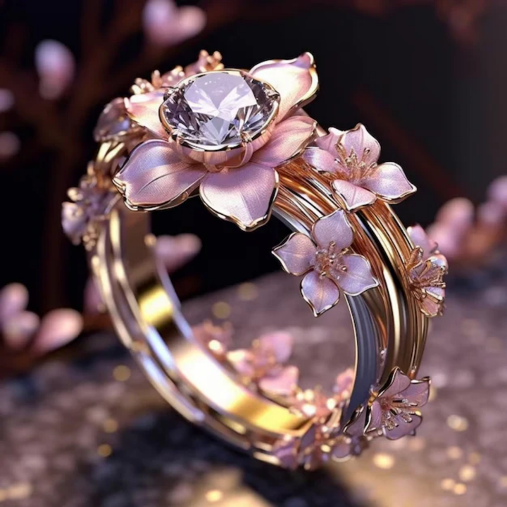 Anillo de cristal con flor rosa exótica