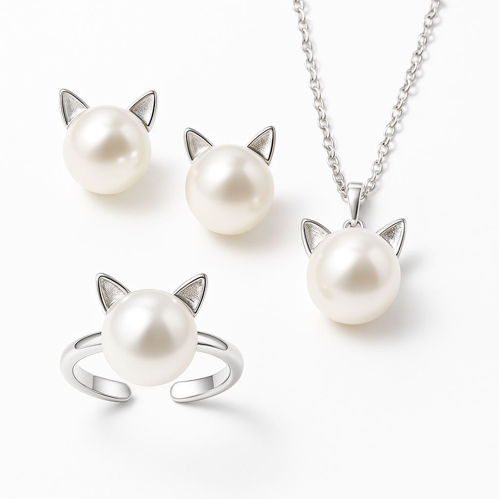 Collar De Gato Con Perla Con Pendientes + Anillo De Regalo