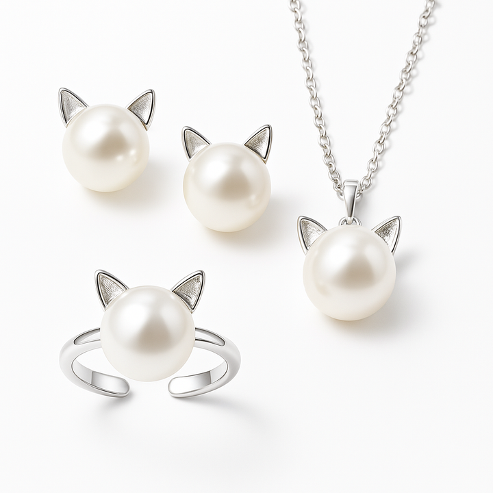Collar De Gato Con Perla Con Pendientes + Anillo De Regalo