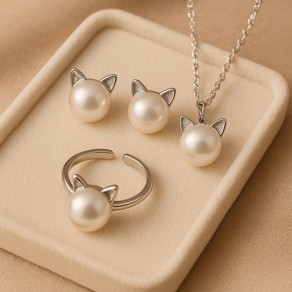 Collar De Gato Con Perla Con Pendientes + Anillo De Regalo