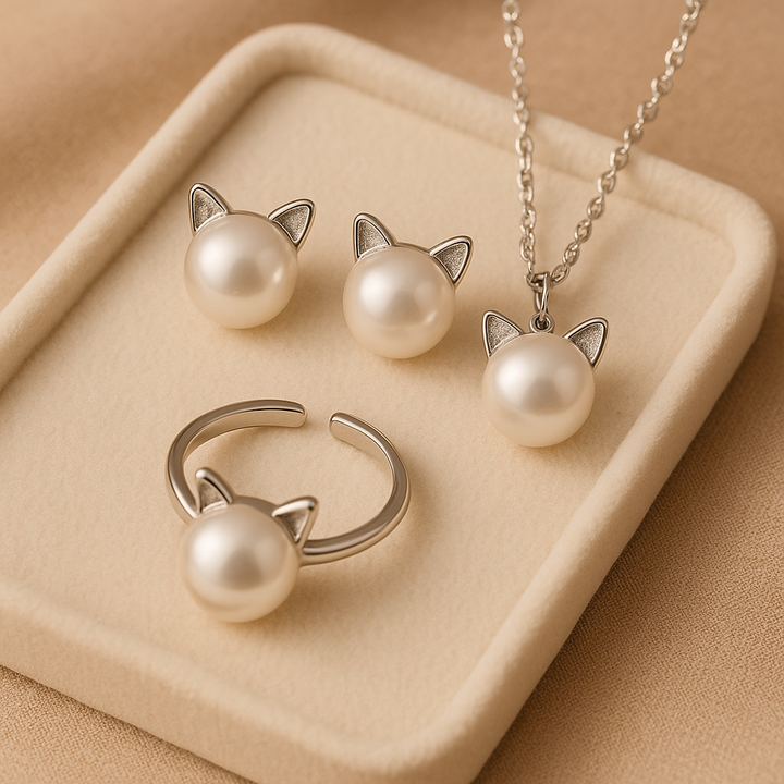 Collar De Gato Con Perla Con Pendientes + Anillo De Regalo