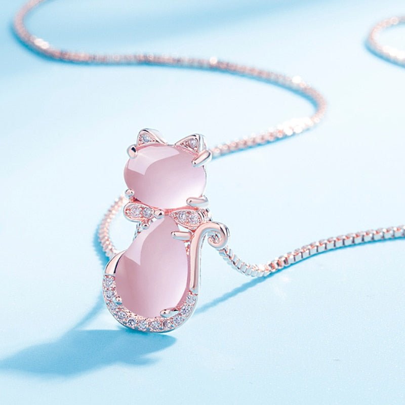 Collar Con Gato Adorable En Piedra Rosa Con Circonita