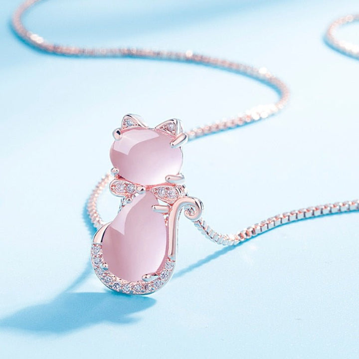Collar Con Gato Adorable En Piedra Rosa Con Circonita