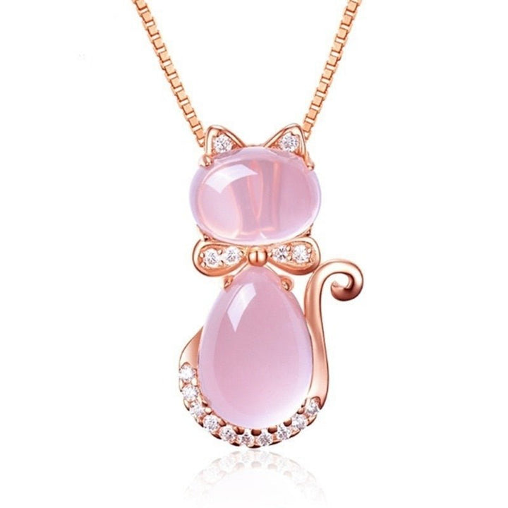 Collar Con Gato Adorable En Piedra Rosa Con Circonita