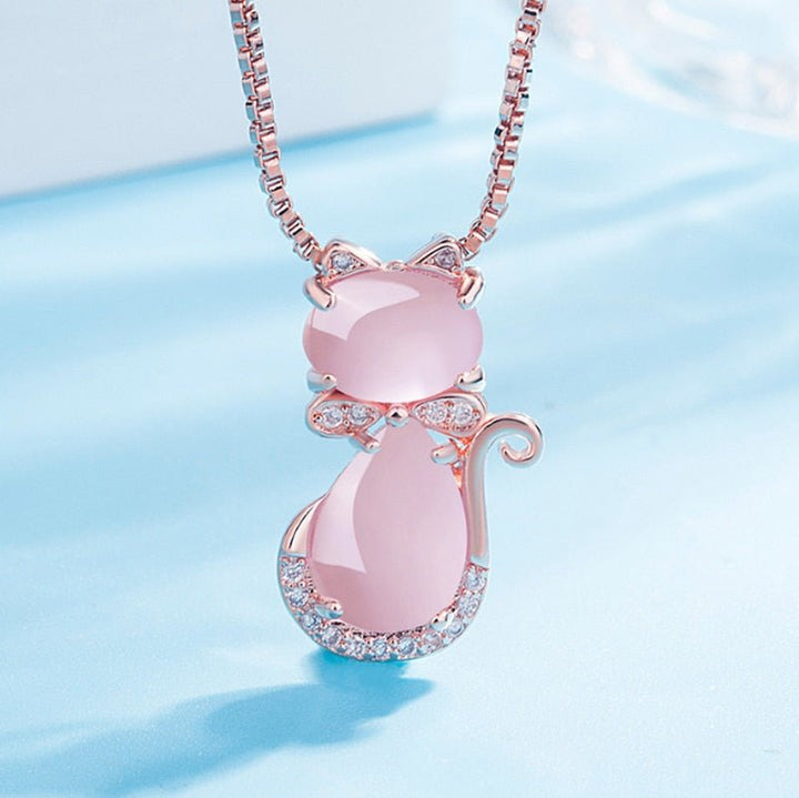 Collar Con Gato Adorable En Piedra Rosa Con Circonita