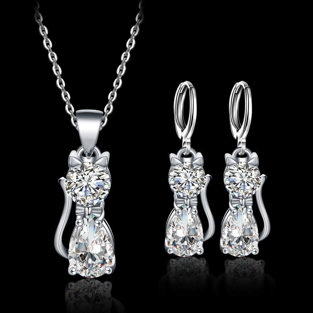 Conjunto de collar + pendientes Happy Cats en plata y circonita blanca pulida