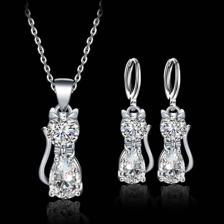 Conjunto de collar + pendientes Happy Cats en plata y circonita blanca pulida