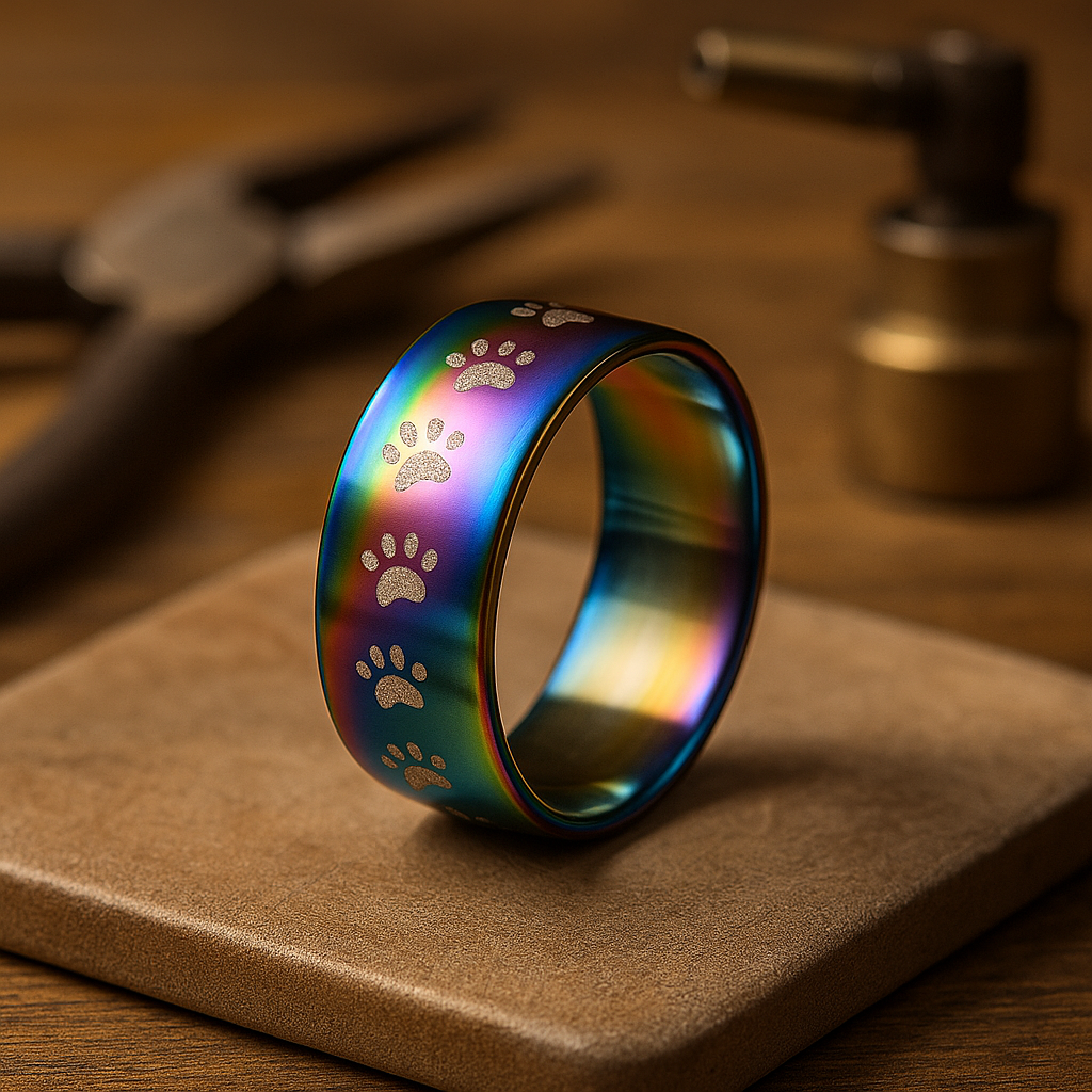 Anillo Artesanal en Acero Inoxidable con Impresión de Huella en Arcoíris